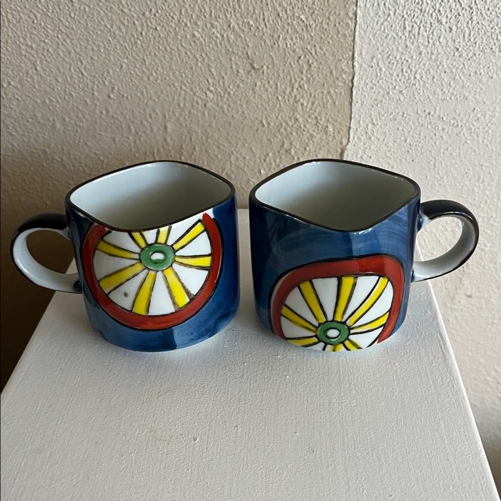 Pair of 2 Japanese Iroha mini mugs 4sided 2.5” art deco glazed